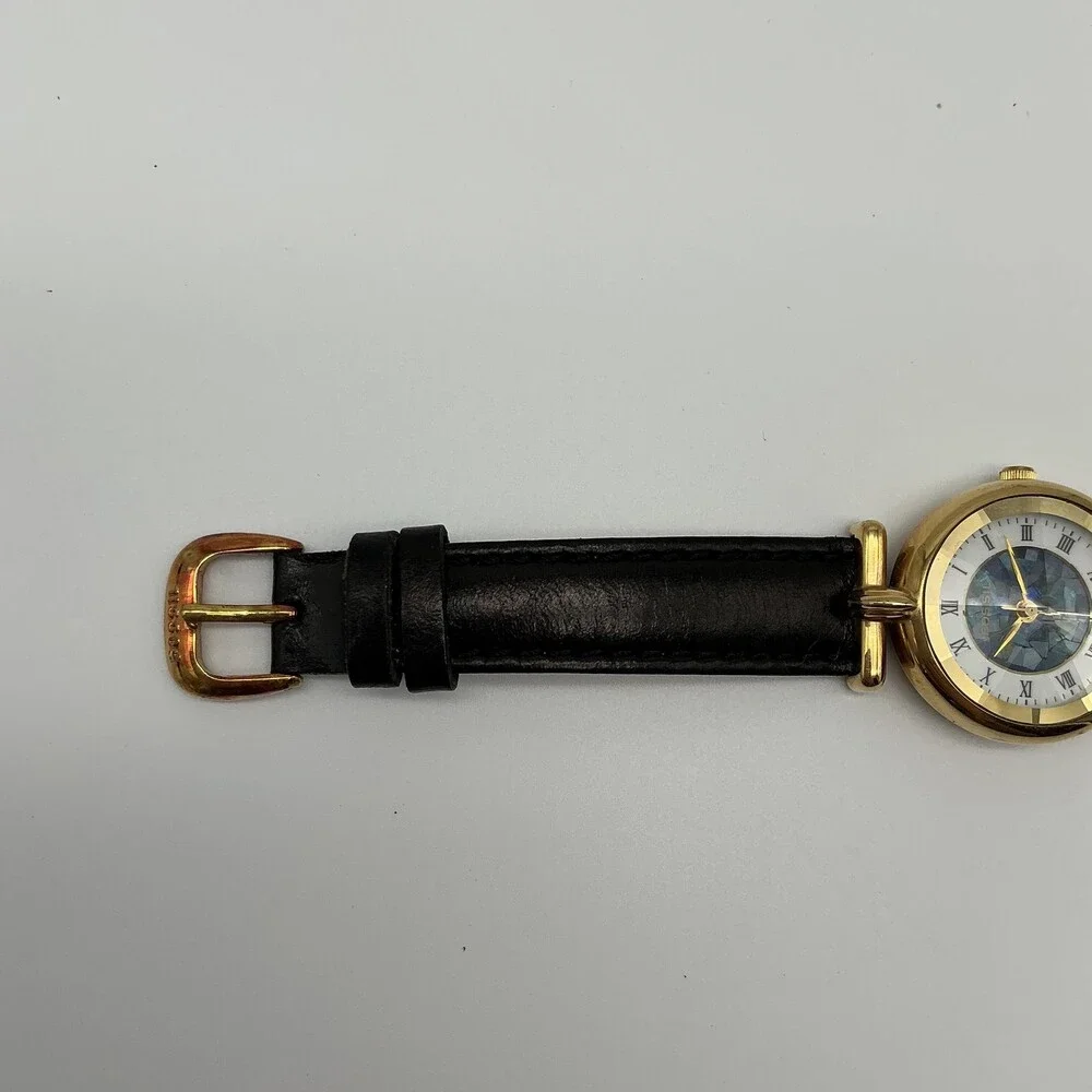 Vintage Fossil PC-7380 Women Watch 26mm Rivoli Crystal Black Leather New Battery
